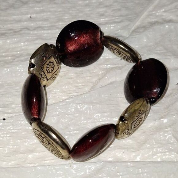 Artsy Purple Glass Beaded Bracelet Silver Tone Metallic Southwestern Design - Picture 6 of 7